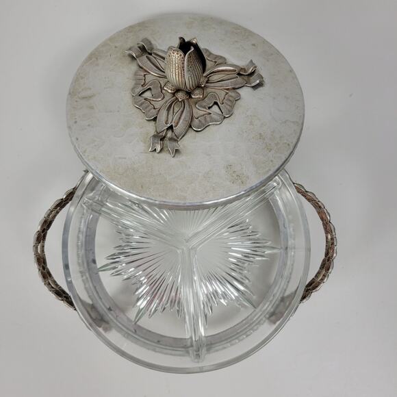 Vintage Rodney Kent Divided Glass Dish Hand Wrought Aluminum Floral Tulip Cover - Picture 13 of 16